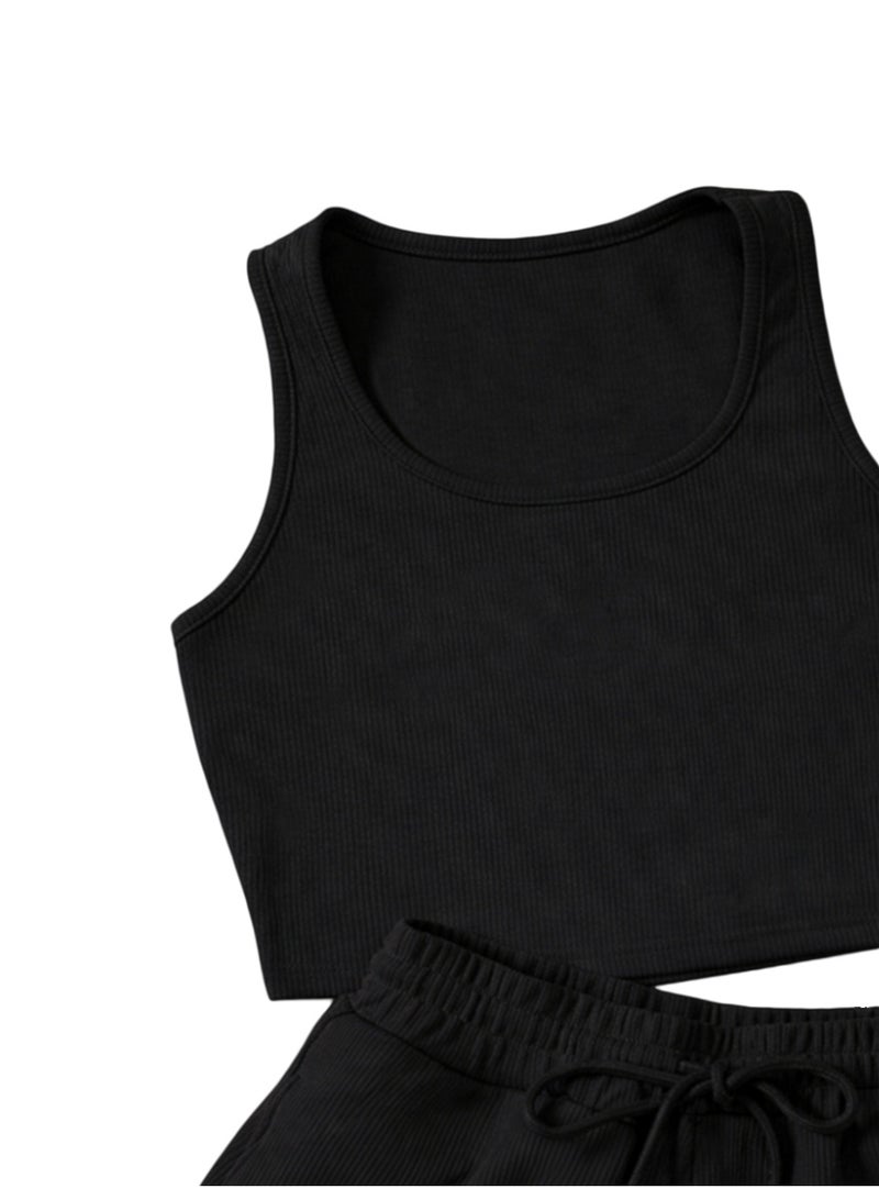 Nileton Women’s Ribbed Crop Tank Top and High-Waisted Shorts Set Casual Lounge and Workout Wear - Scoop Neck Top and drawstring shorts set For women - Image 4